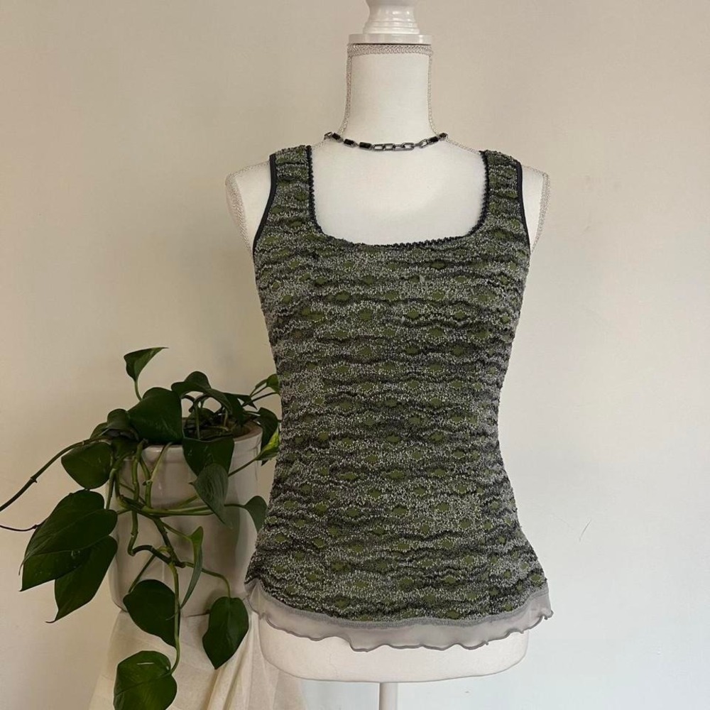 Vintage Y2K Square Nect Tank Green Gray Unique Tweed with Sheer Trim  Coquette